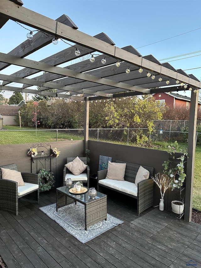 wooden deck featuring outdoor lounge area and a pergola