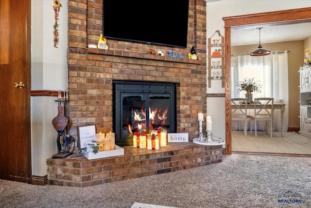 details with carpet flooring and a fireplace