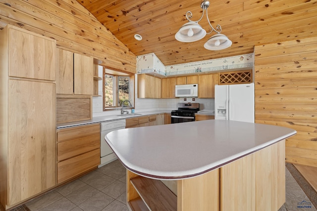 kitchen featuring sink, light tile patterned floors, decorative light fixtures, white appliances, and a kitchen island