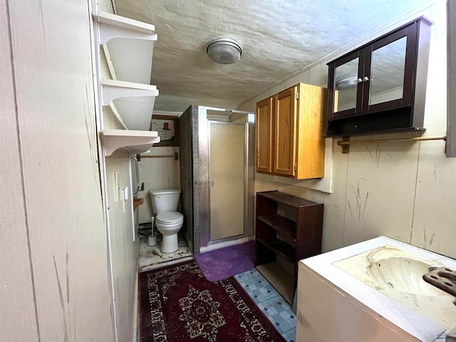 bathroom with vanity, toilet, and a shower with door