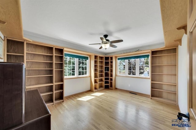 interior space featuring light hardwood / wood-style flooring, ceiling fan, and a healthy amount of sunlight