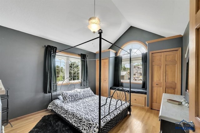 bedroom with lofted ceiling, light wood-type flooring, and multiple windows