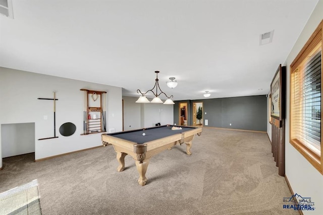 game room with light carpet and billiards