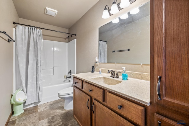 full bathroom with shower / bath combo, vanity, and toilet