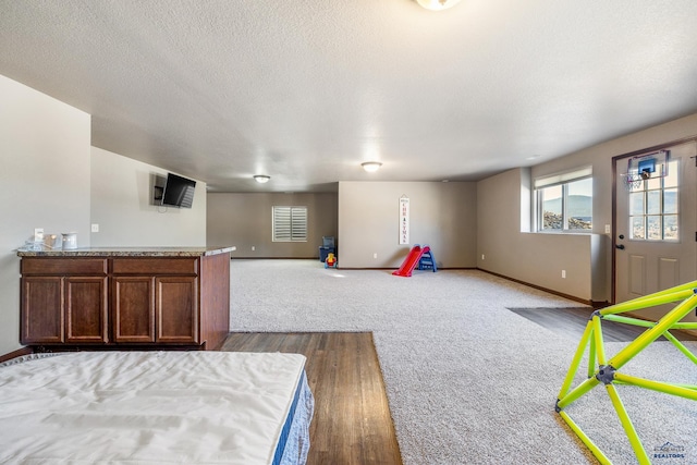 playroom with dark hardwood / wood-style flooring and a textured ceiling