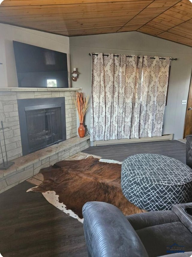 living room with lofted ceiling, hardwood / wood-style flooring, and wooden ceiling