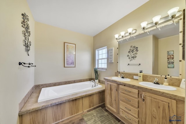 bathroom with a washtub and vanity