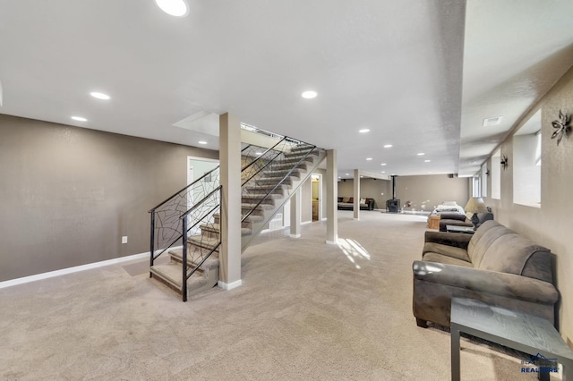 basement with light colored carpet