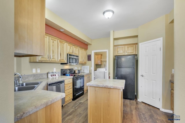 kitchen with washer and clothes dryer, black appliances, sink, dark hardwood / wood-style floors, and light brown cabinetry