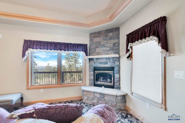 living room featuring a tray ceiling and a stone fireplace