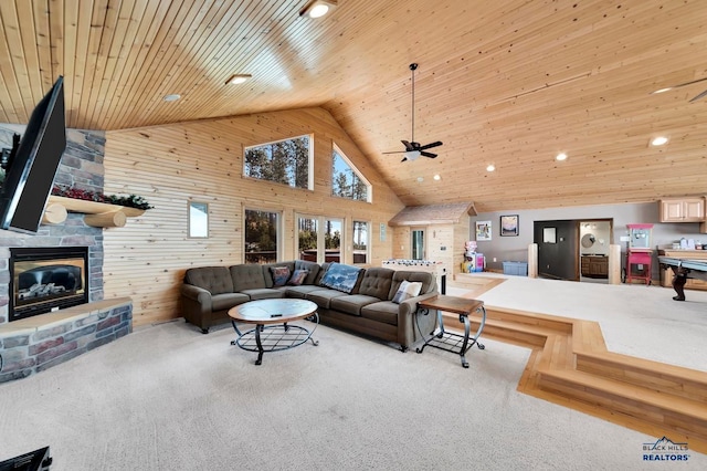 living room featuring carpet floors, high vaulted ceiling, and wooden ceiling