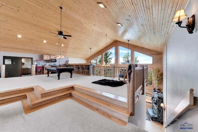 interior space with carpet flooring, high vaulted ceiling, wood ceiling, and billiards