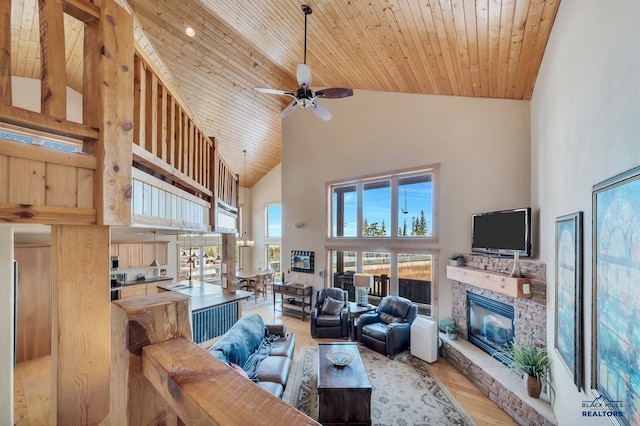 living room with ceiling fan, a fireplace, high vaulted ceiling, and wooden ceiling