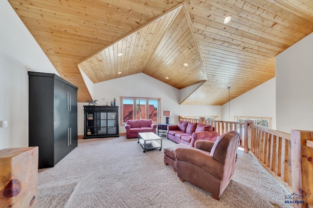 carpeted living room featuring high vaulted ceiling and wood ceiling