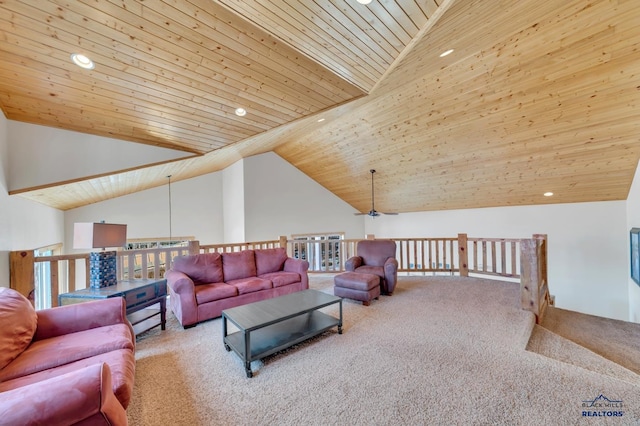 living room featuring carpet, wood ceiling, and high vaulted ceiling