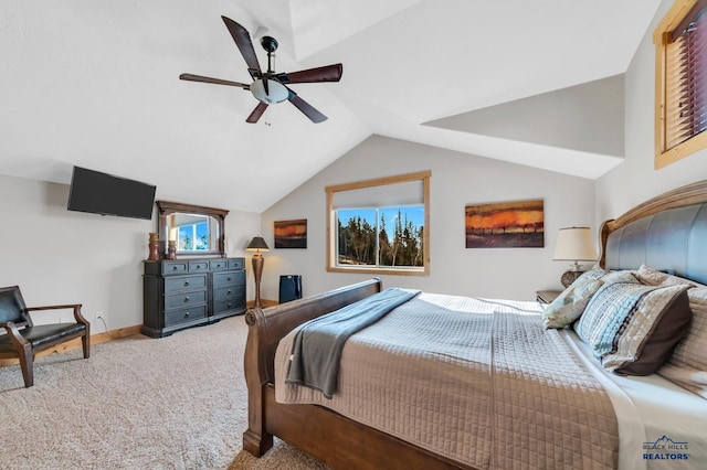 carpeted bedroom with ceiling fan and lofted ceiling