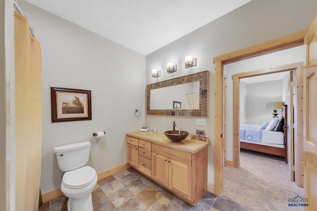 bathroom featuring toilet, vanity, and vaulted ceiling