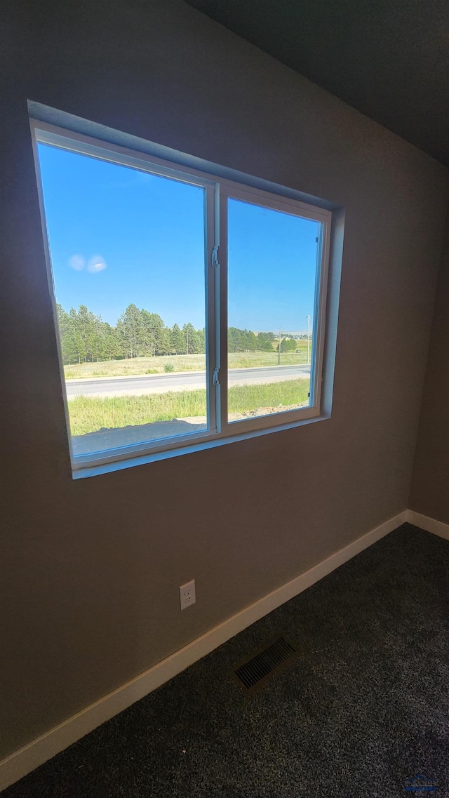 unfurnished room featuring carpet and a rural view