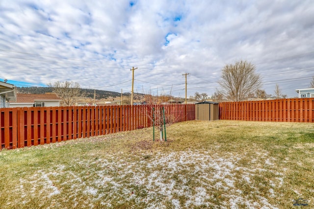 view of yard featuring a storage shed