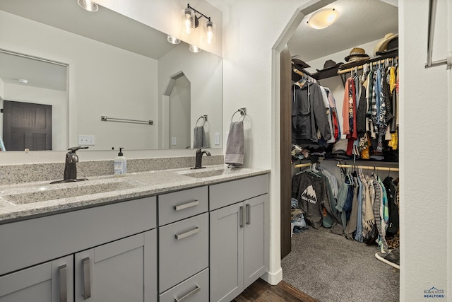 bathroom with vanity, wood-type flooring, and a textured ceiling