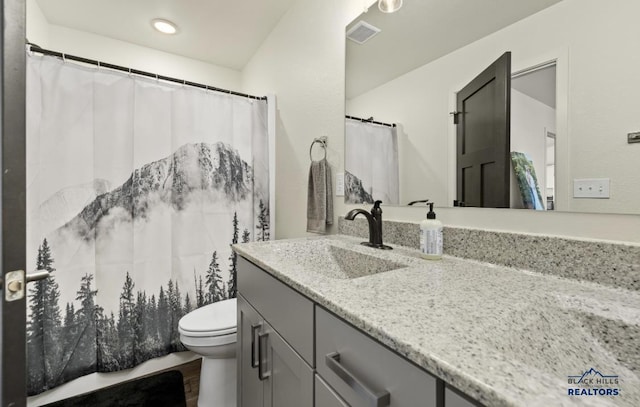 bathroom with hardwood / wood-style floors, vanity, and toilet