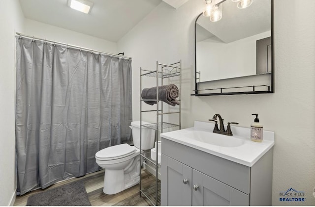 bathroom featuring hardwood / wood-style flooring, vanity, and toilet