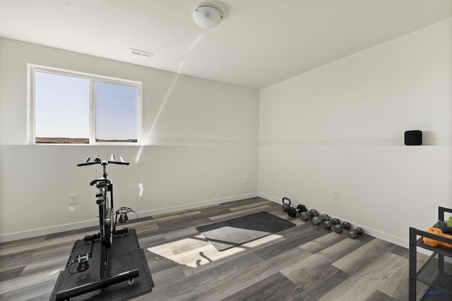 workout room with dark hardwood / wood-style flooring