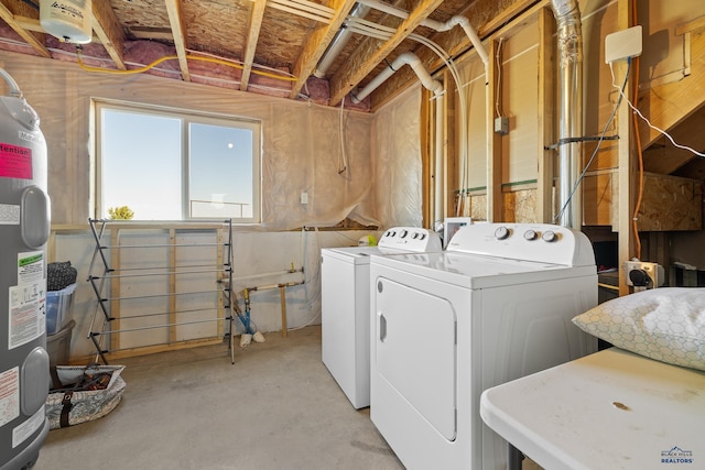 laundry area with electric water heater and separate washer and dryer