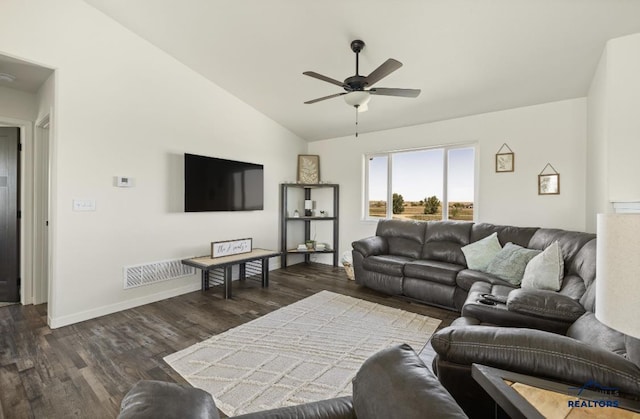 living room with vaulted ceiling, ceiling fan, and dark wood-type flooring