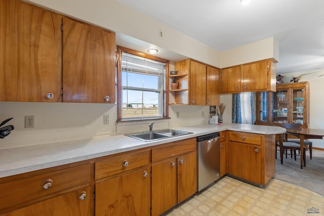 kitchen featuring dishwasher, kitchen peninsula, and sink