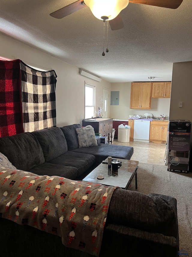 810 Blaine Ave, Rapid City, SD 57701 - living room featuring a textured ceiling, electric panel, ceiling fan, and light colored carpet