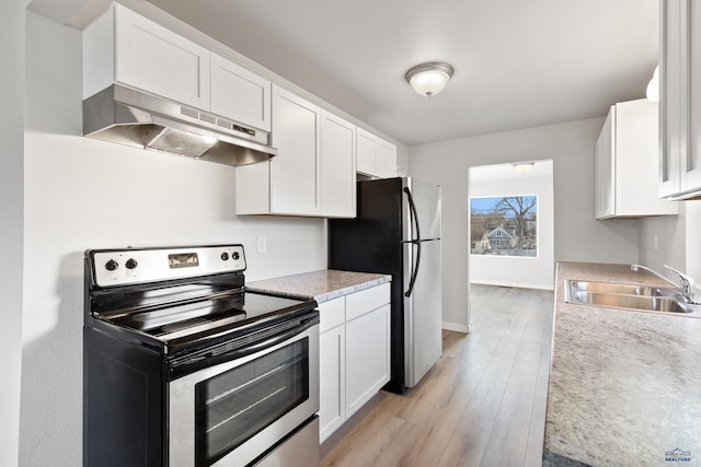 kitchen with white cabinetry, sink, light wood-type flooring, and appliances with stainless steel finishes