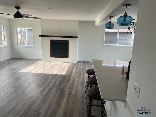 6920 Long View Rd, Rapid City, SD 57703 - living room with wood finished floors, a fireplace, and a ceiling fan