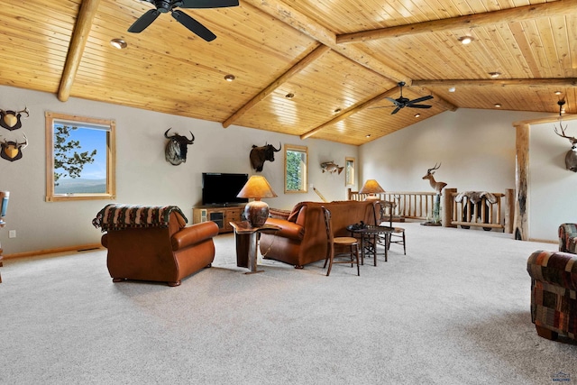 living room featuring a wealth of natural light, carpet, and wood ceiling