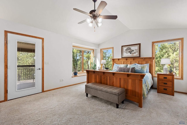 bedroom featuring ceiling fan, access to outside, and multiple windows