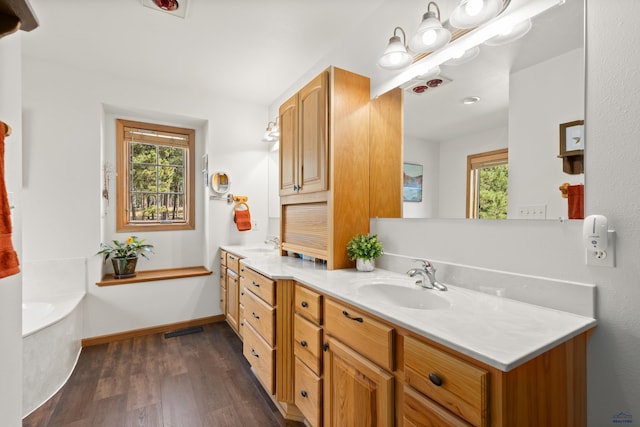 bathroom featuring a tub to relax in, a wealth of natural light, vanity, and hardwood / wood-style flooring