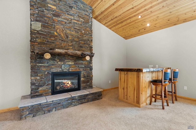 bar featuring a fireplace, carpet floors, high vaulted ceiling, and wood ceiling