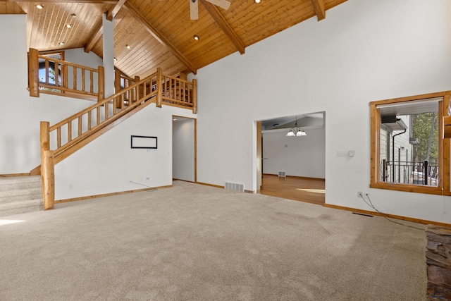 unfurnished living room featuring carpet, high vaulted ceiling, wooden ceiling, and ceiling fan with notable chandelier