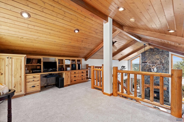 office featuring lofted ceiling with beams, light colored carpet, and wooden ceiling