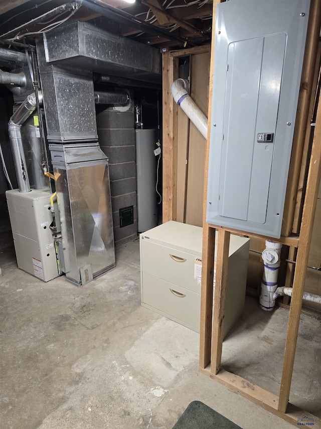 utility room with electric panel and water heater