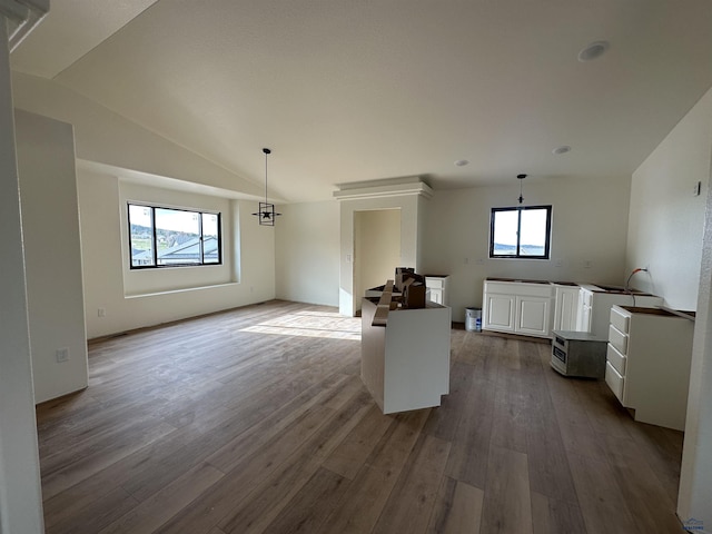 interior space featuring lofted ceiling and dark wood-style floors