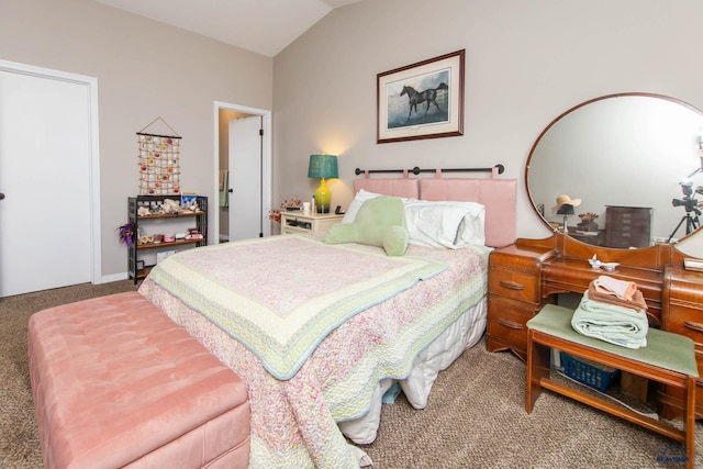 carpeted bedroom featuring vaulted ceiling