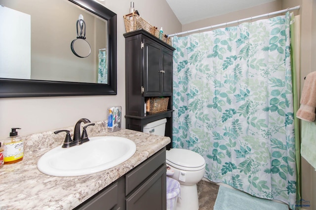 bathroom featuring vanity, toilet, and walk in shower