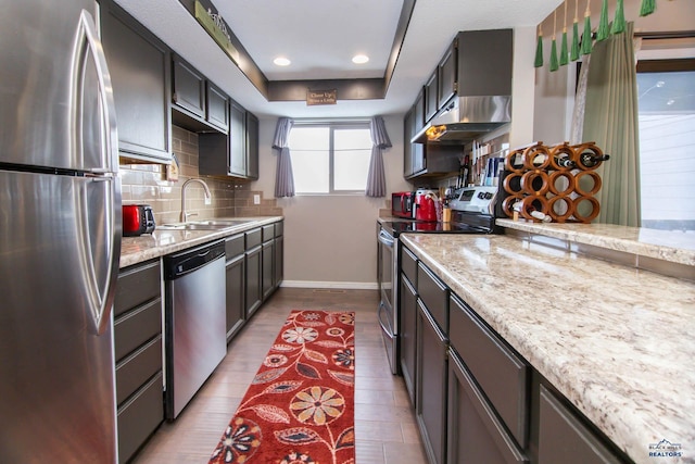 kitchen featuring appliances with stainless steel finishes, tasteful backsplash, light stone counters, ventilation hood, and sink