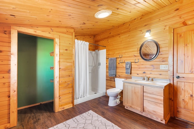 bathroom featuring wood walls, lofted ceiling, wooden ceiling, walk in shower, and wood-type flooring