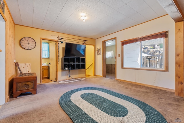 carpeted living room featuring ornamental molding