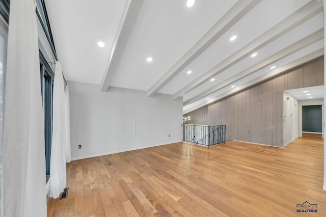 unfurnished living room featuring beamed ceiling, light wood-type flooring, and wooden walls