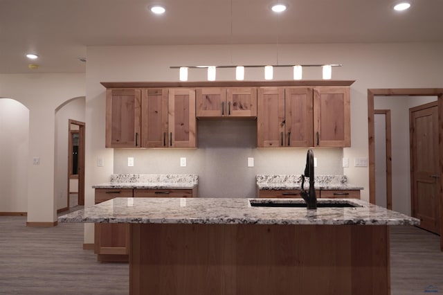 kitchen with light stone countertops, hardwood / wood-style floors, an island with sink, and sink