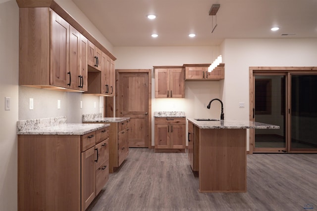 kitchen featuring light stone countertops, sink, an island with sink, and hardwood / wood-style flooring