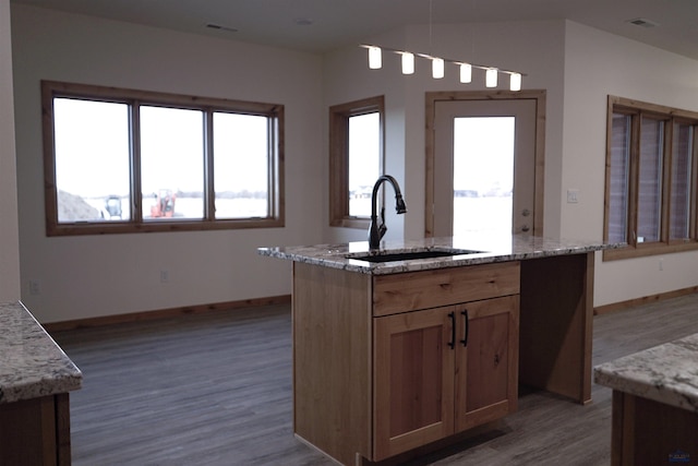 kitchen with pendant lighting, a kitchen island with sink, sink, light stone counters, and wood-type flooring